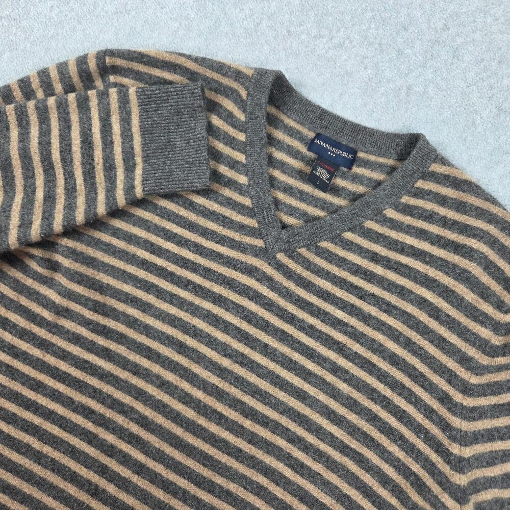Banana Republic Mens Large Grey Beige Striped V-Neck 100% Cashmere Sweater